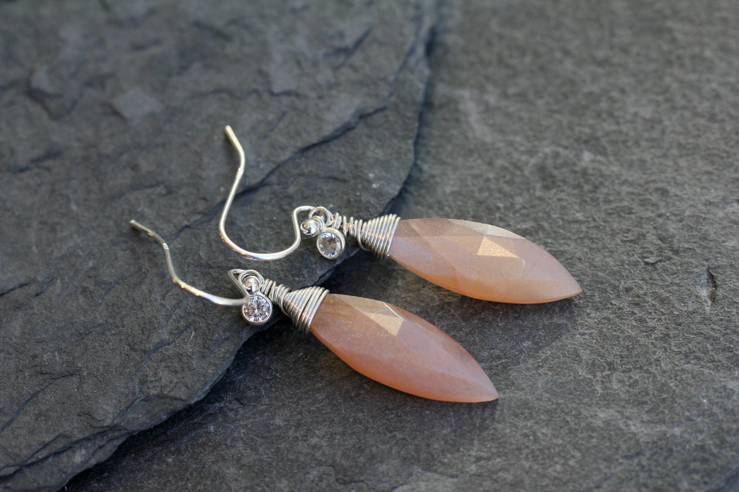 Peach Moonstone Marquis CZ Drop Earrings