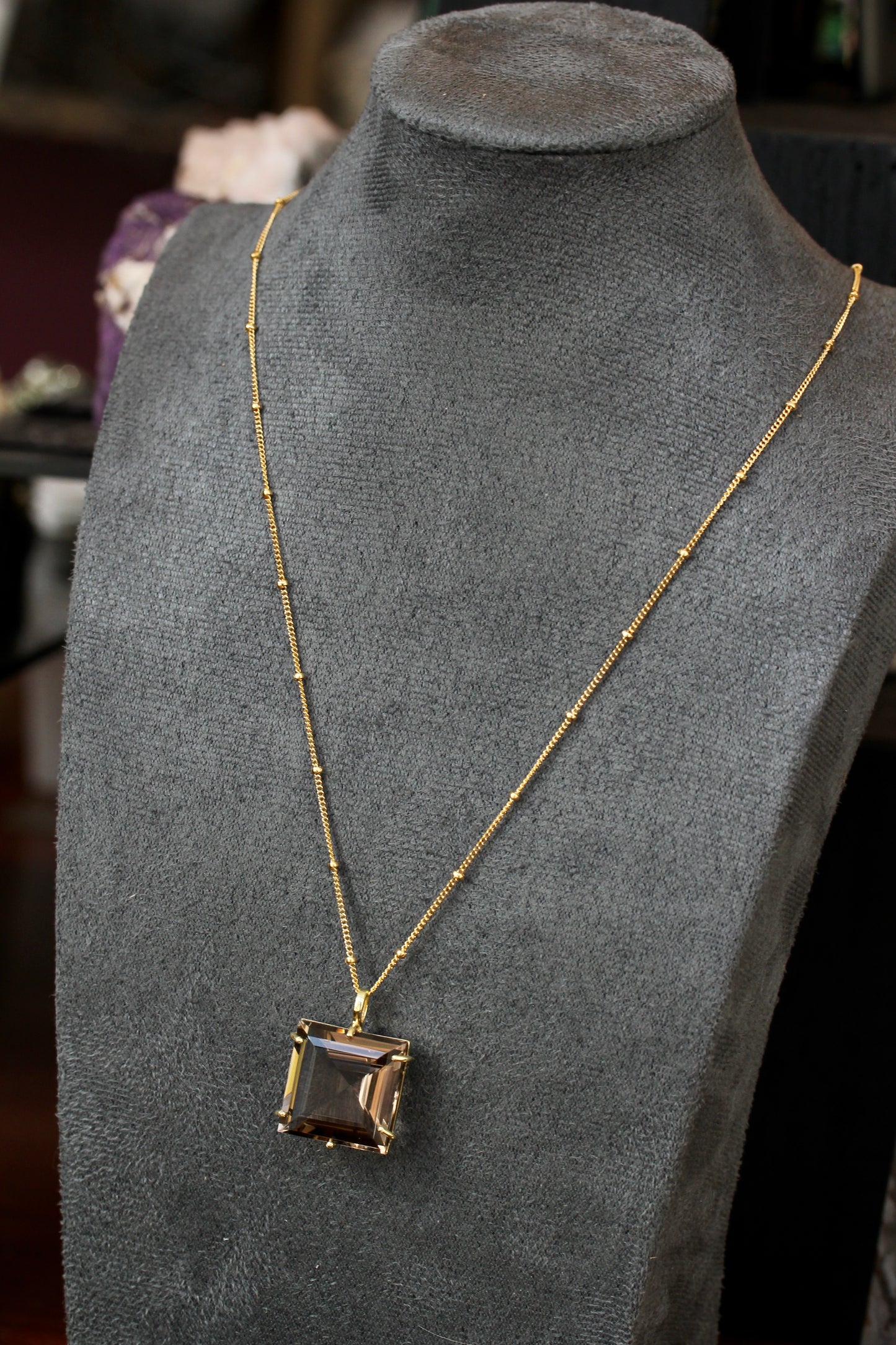 Smokey Quartz Princess Cut Gold Necklace
