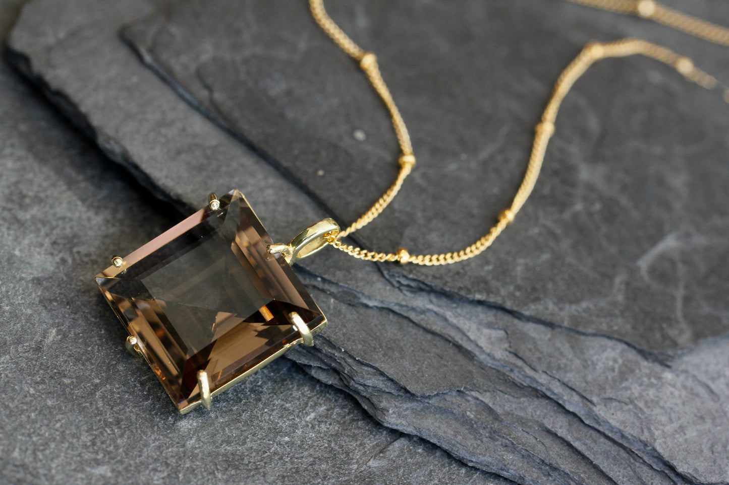 Smokey Quartz Princess Cut Gold Necklace