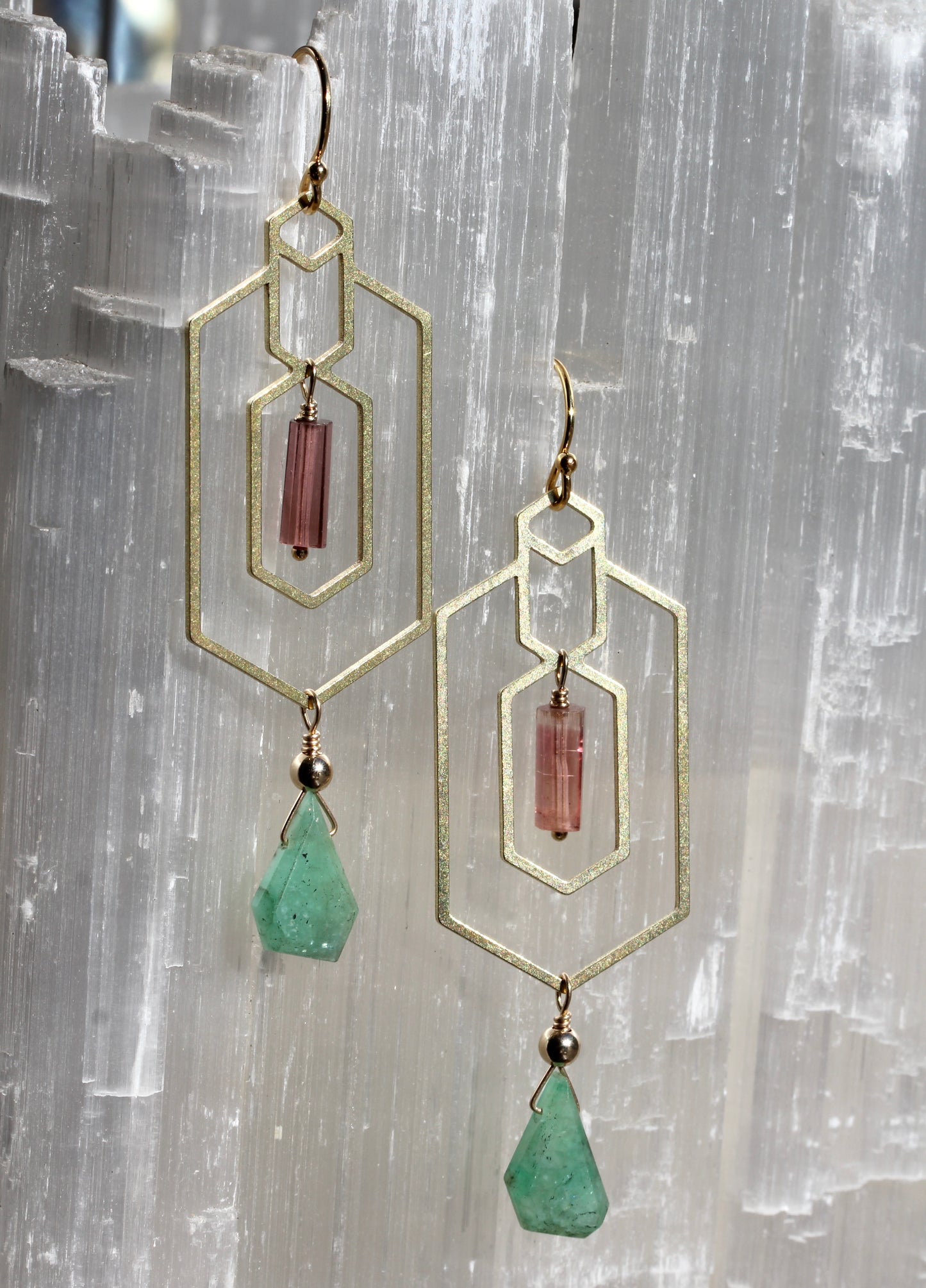 Emerald Tourmaline Window Frame Earrings