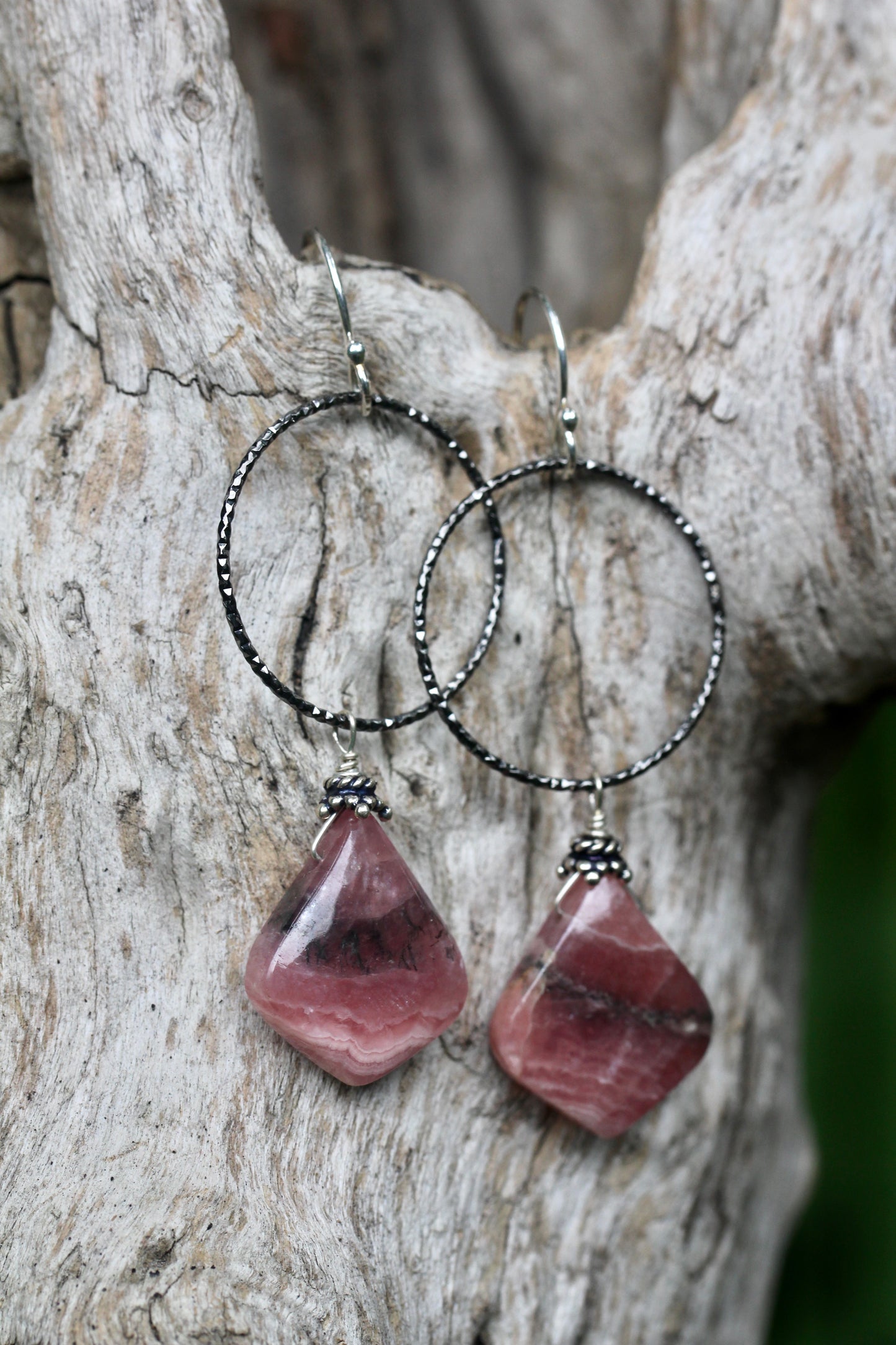Rhodochrosite Oxidized Silver Hoop Drop Earrings