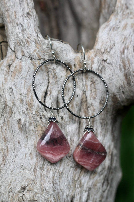 Rhodochrosite Oxidized Silver Hoop Drop Earrings