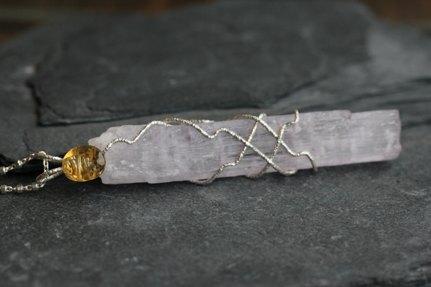 Long Kunzite Crystal Citrine Pendant