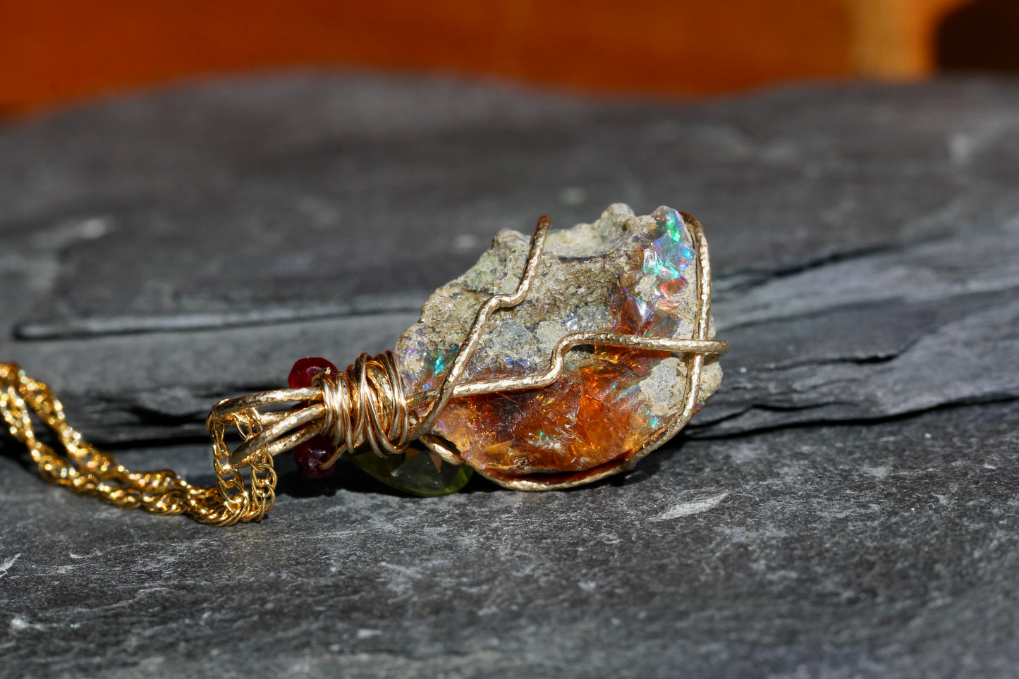 Rough Opal with Diopside, Peridot and Ruby Pendant