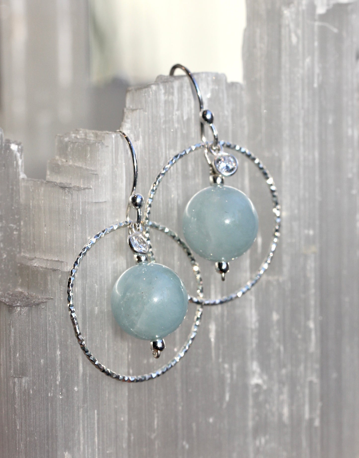 Aquamarine CZ Silver Sparkle Hoop Drop Earrings