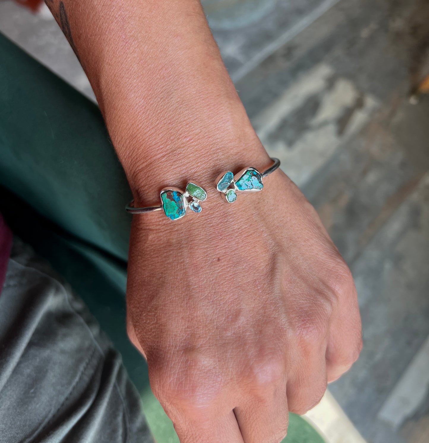 Chrysocolla, Emerald, Blue Topaz, Apatite Silver Flex Bracelet