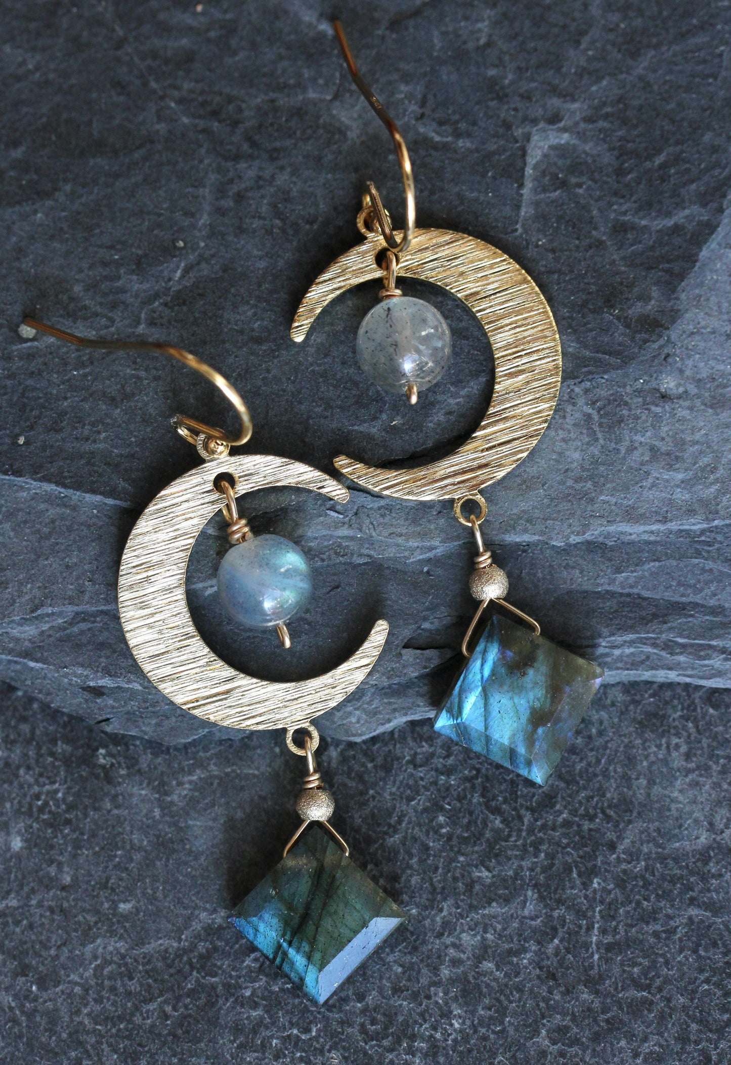 Labradorite Brass Moon Earrings
