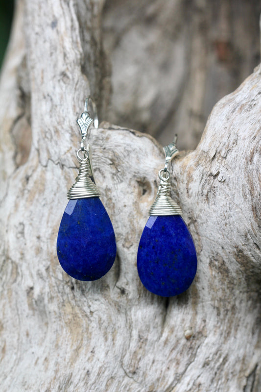 Lapis Teardrop Silver Wrap Earrings