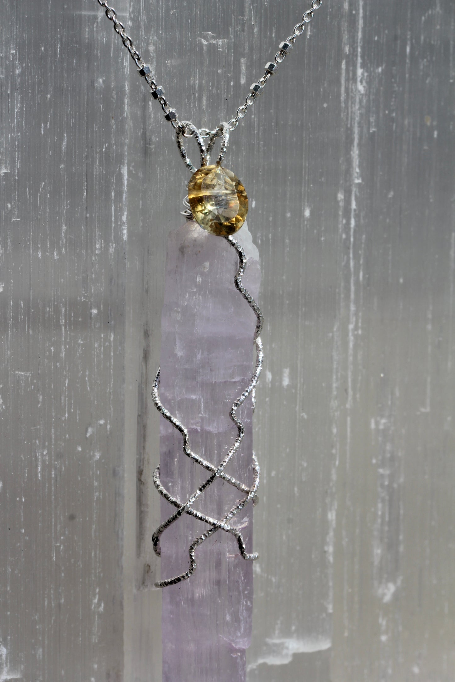 Long Kunzite Crystal Citrine Pendant
