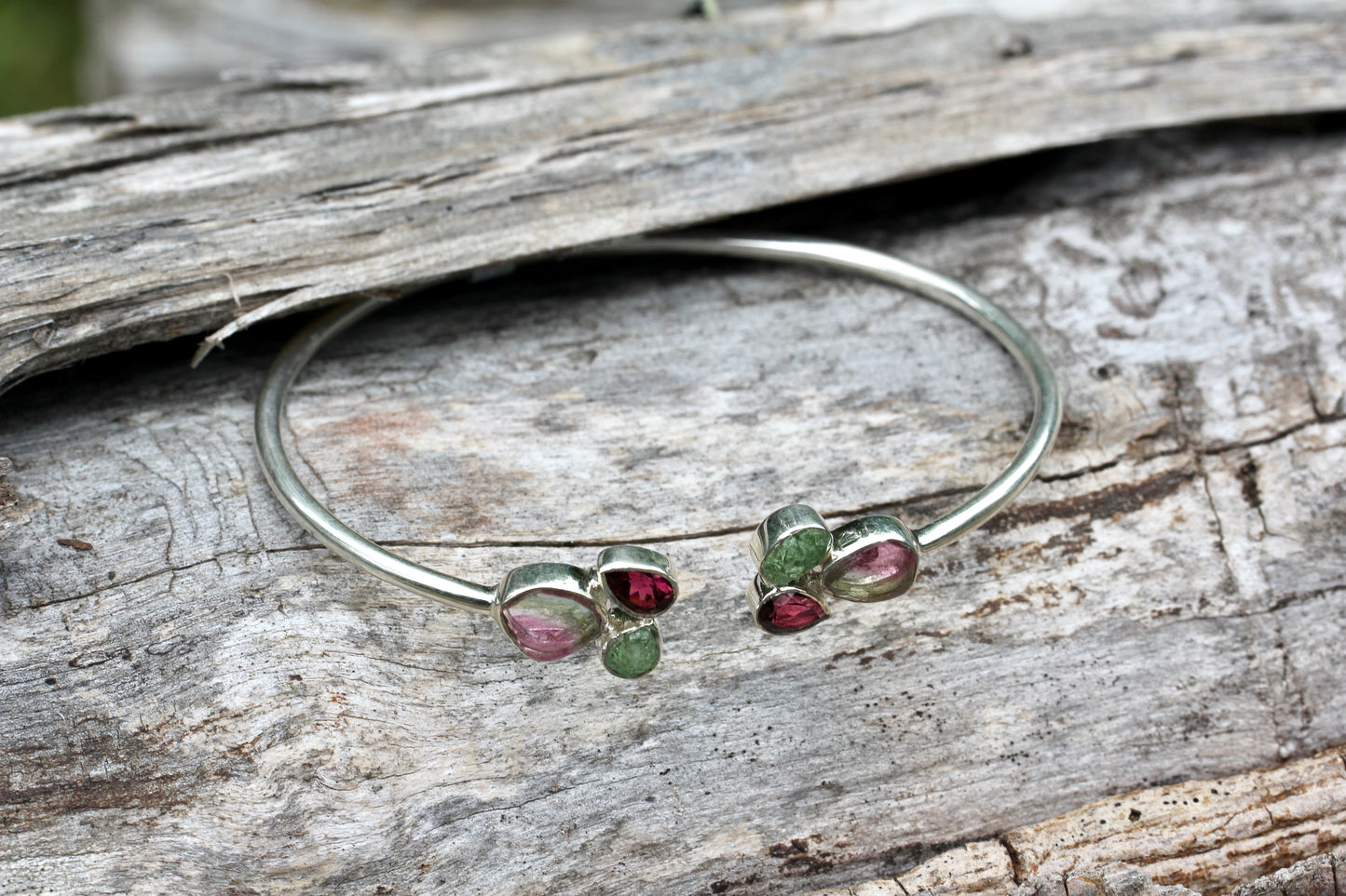 Watermelon Tourmaline Cluster Silver Bracelet