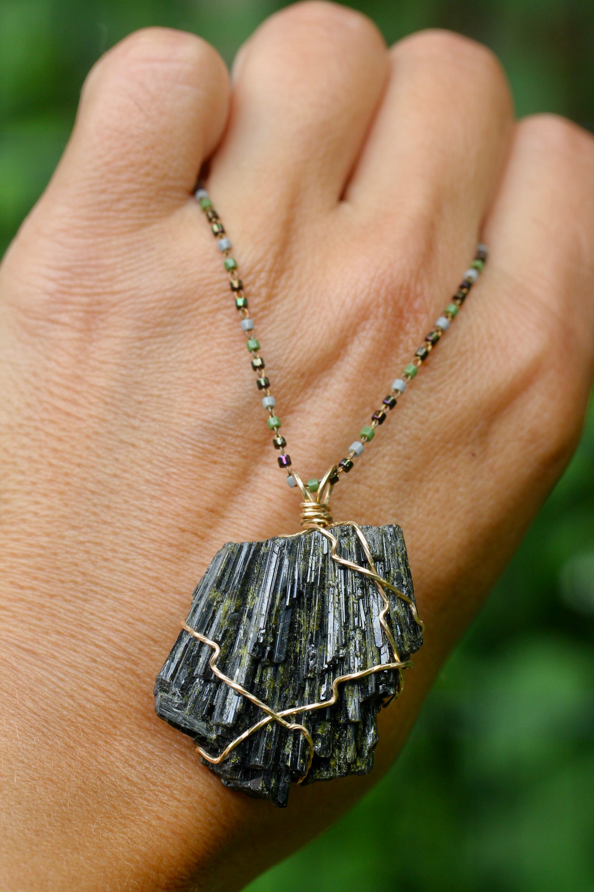 Chunky Epidote Glass Bead Chain Necklace