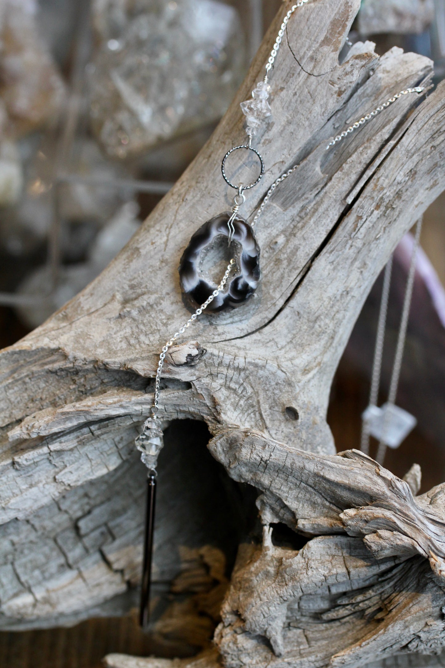 Agate Herkimer Diamond Silver Toggle Necklace