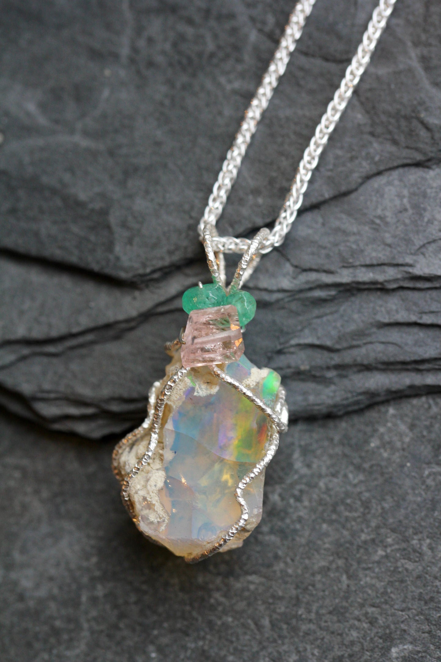 Rough Opal Tourmaline Emerald Pendant