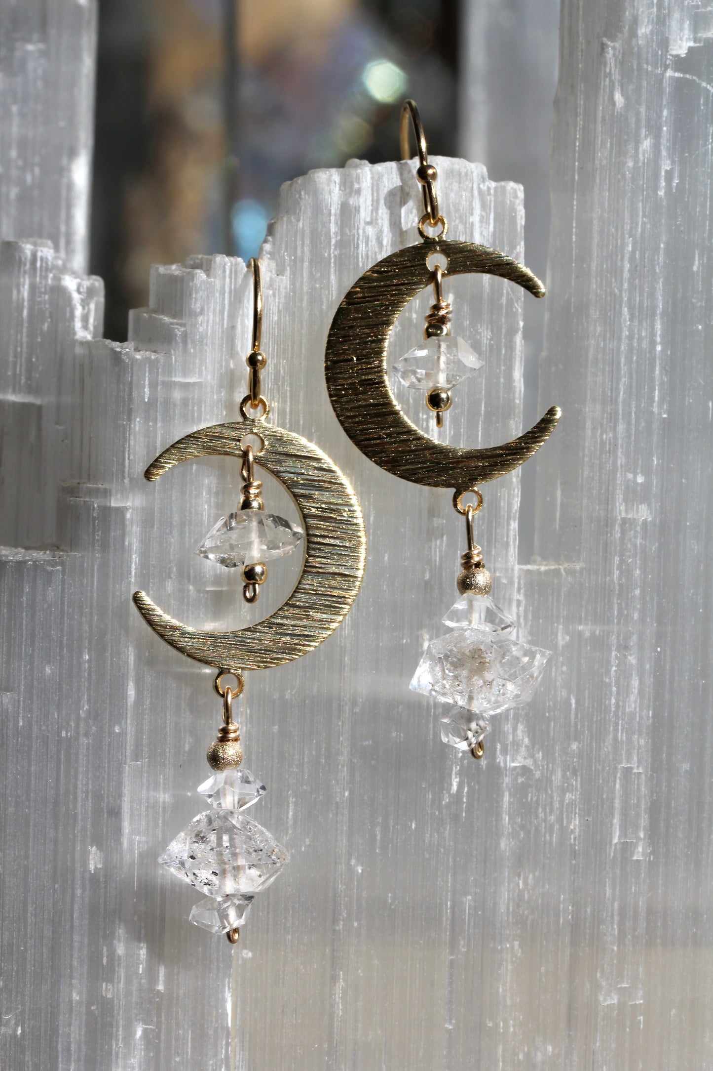 Brass Moon Quartz Crystal Moon Earrings