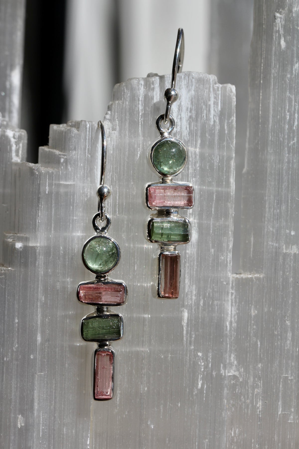 Pink and Green Tourmaline Crystal Earrings