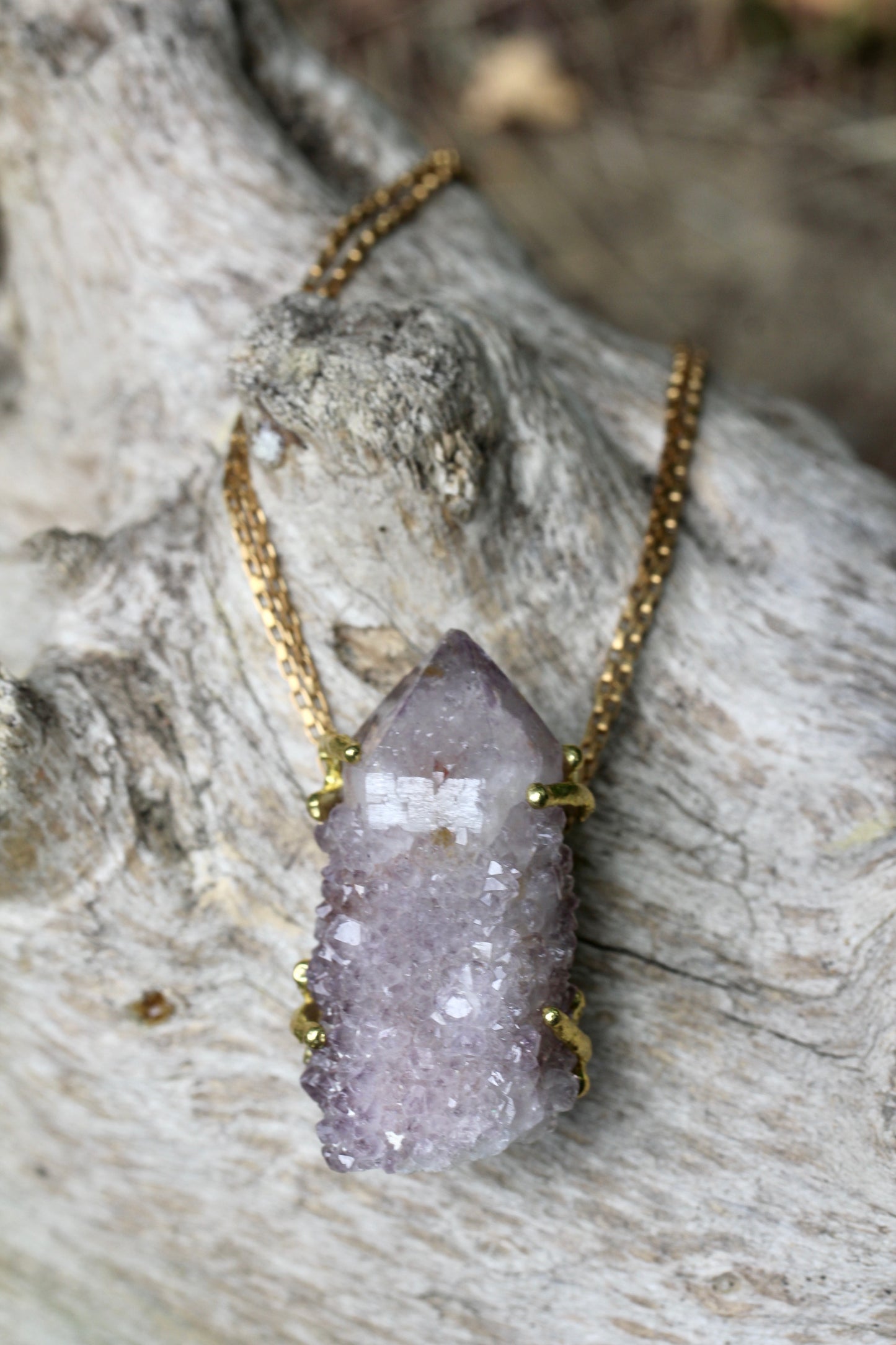 Cactus Amethyst Crystal Brass Necklace