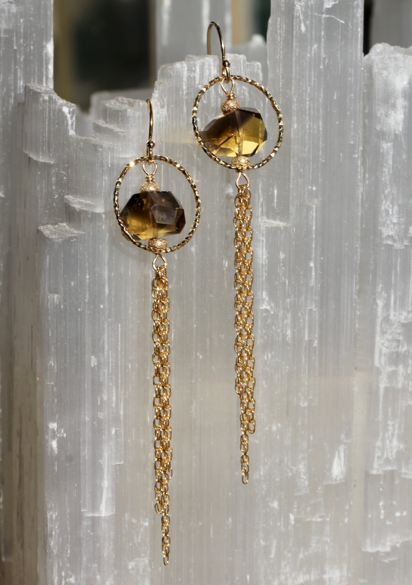 Whisky Quartz Nugget Gold Chain Tassel Earrings