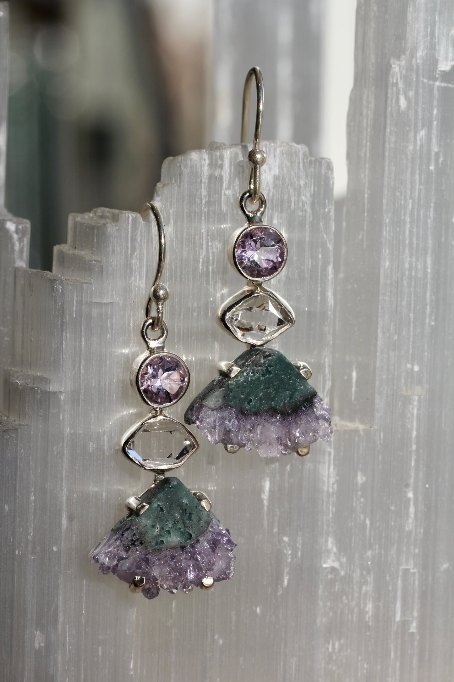 Amethyst Slice Herkimer Diamond Earrings