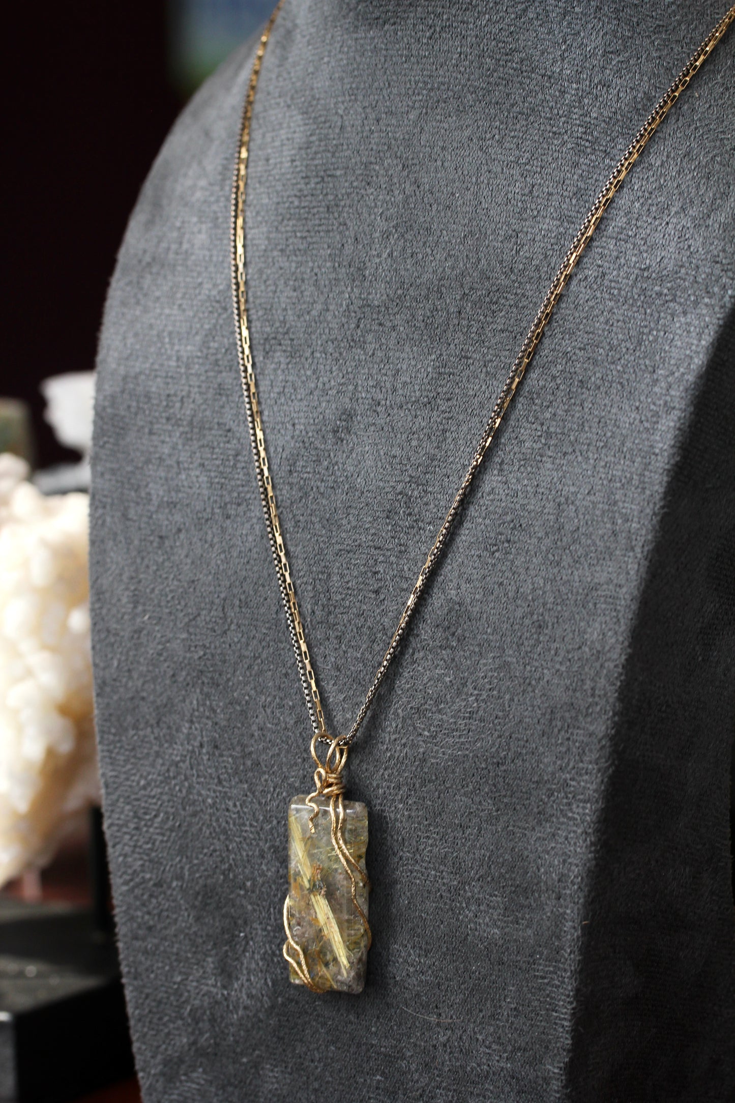 Rutilated Quartz Tile Gold Wrap Necklace