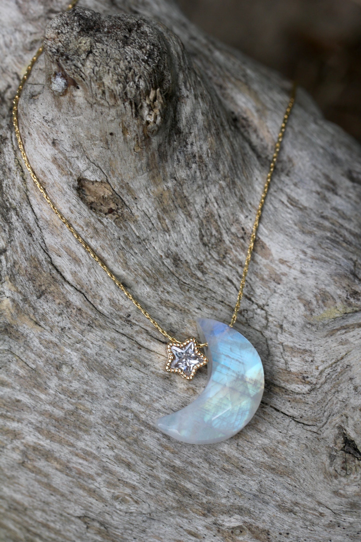Rainbow Moonstone Moon Star Necklace
