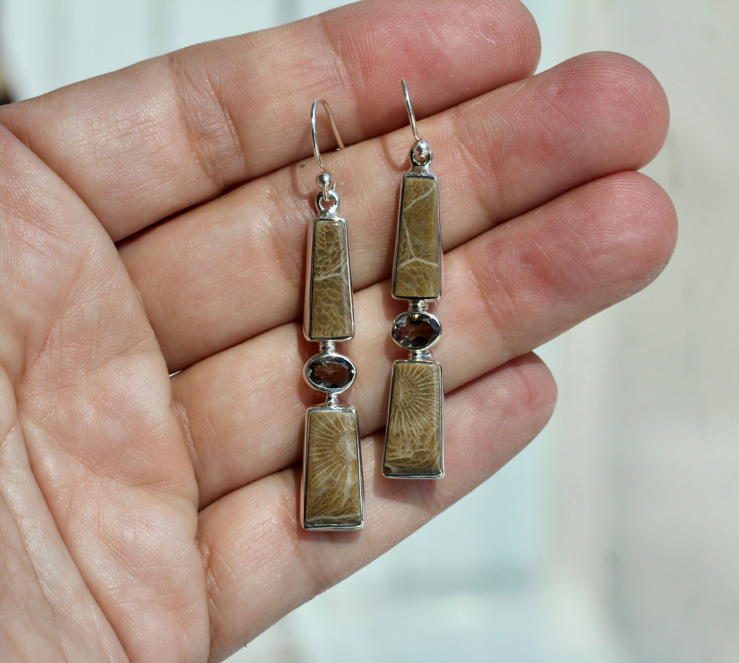 Fossil Coral Smokey Quartz Earrings