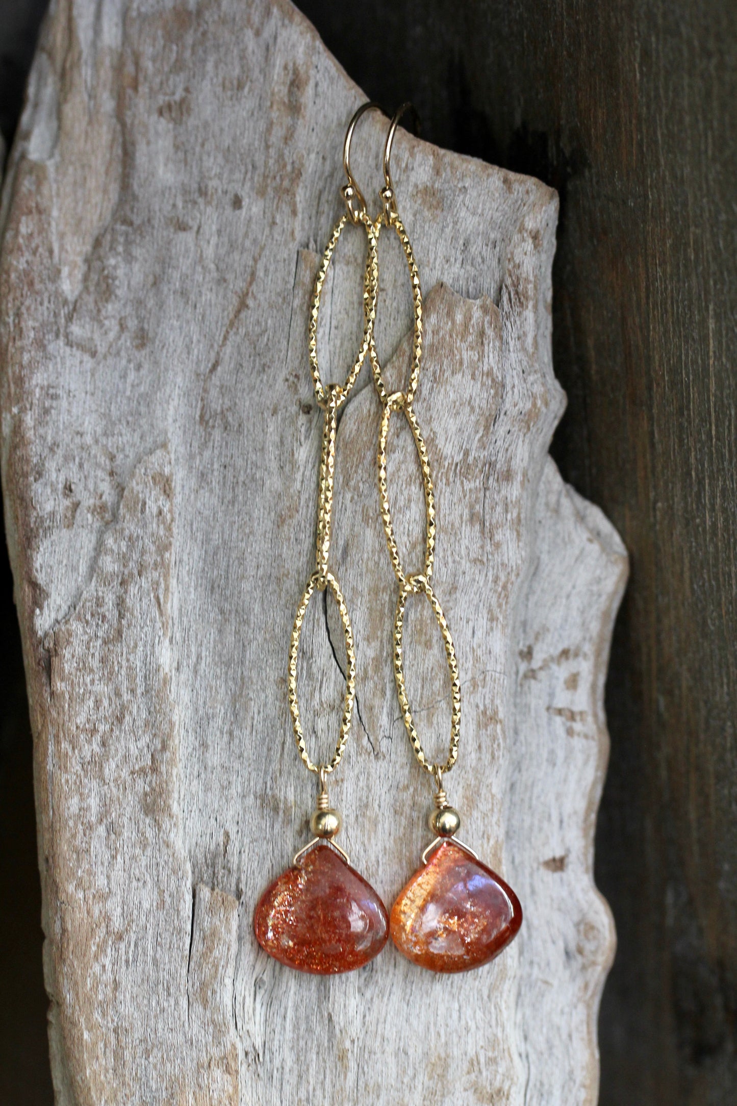 Sunstone Long Sparkle Chain Drop Earrings in Gold