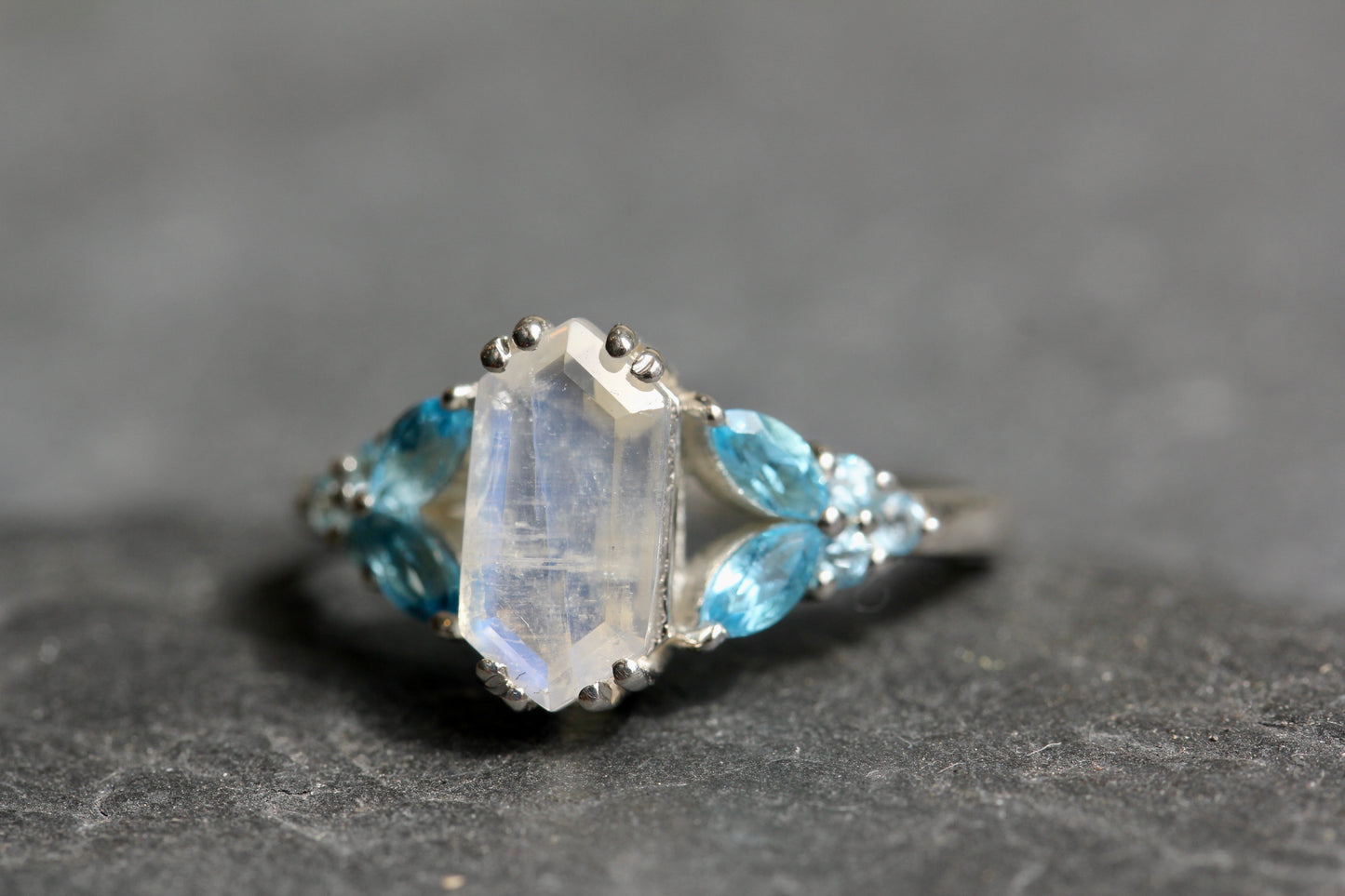 Rainbow Moonstone Blue Topaz Fairy Tale Ring