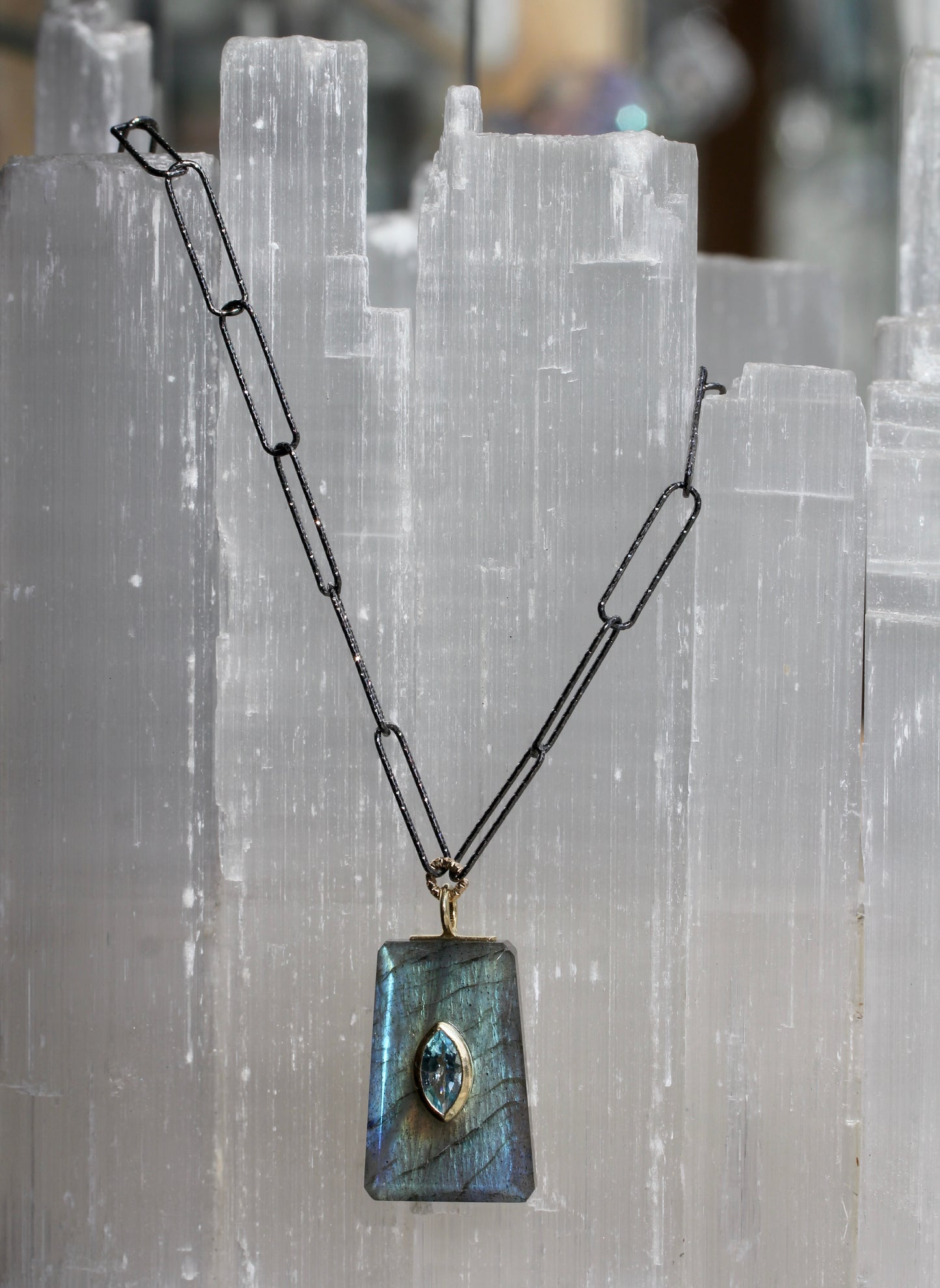 Labradorite Blue Topaz Encrusted Paperclip Chain Necklace