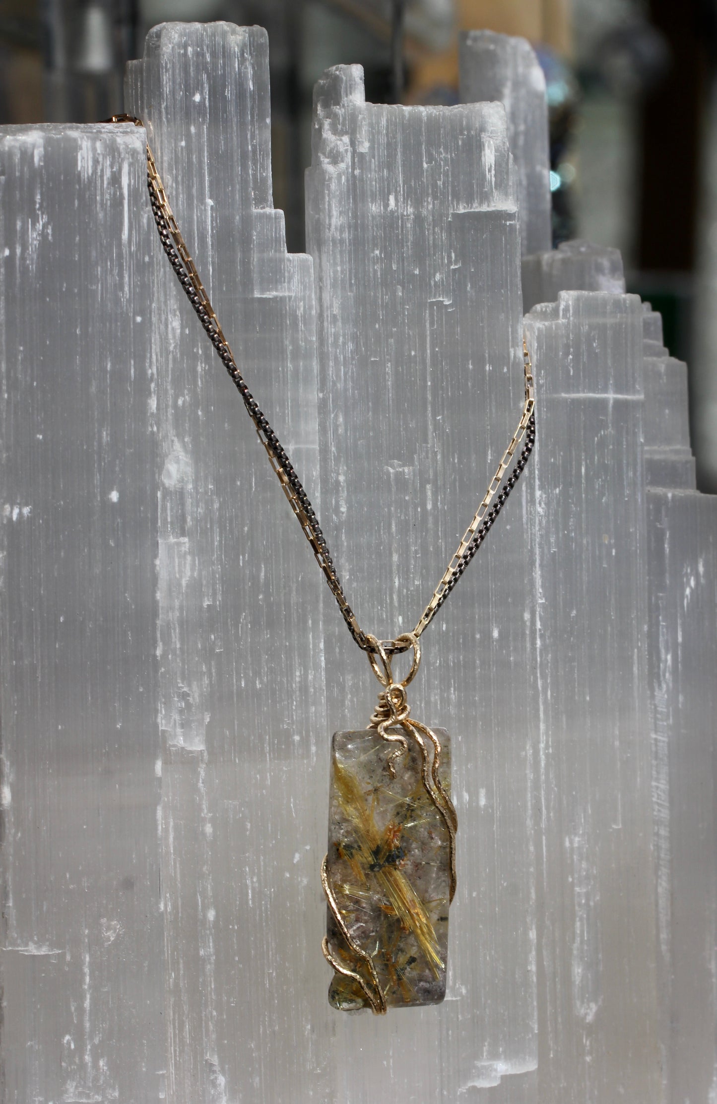 Rutilated Quartz Tile Gold Wrap Necklace