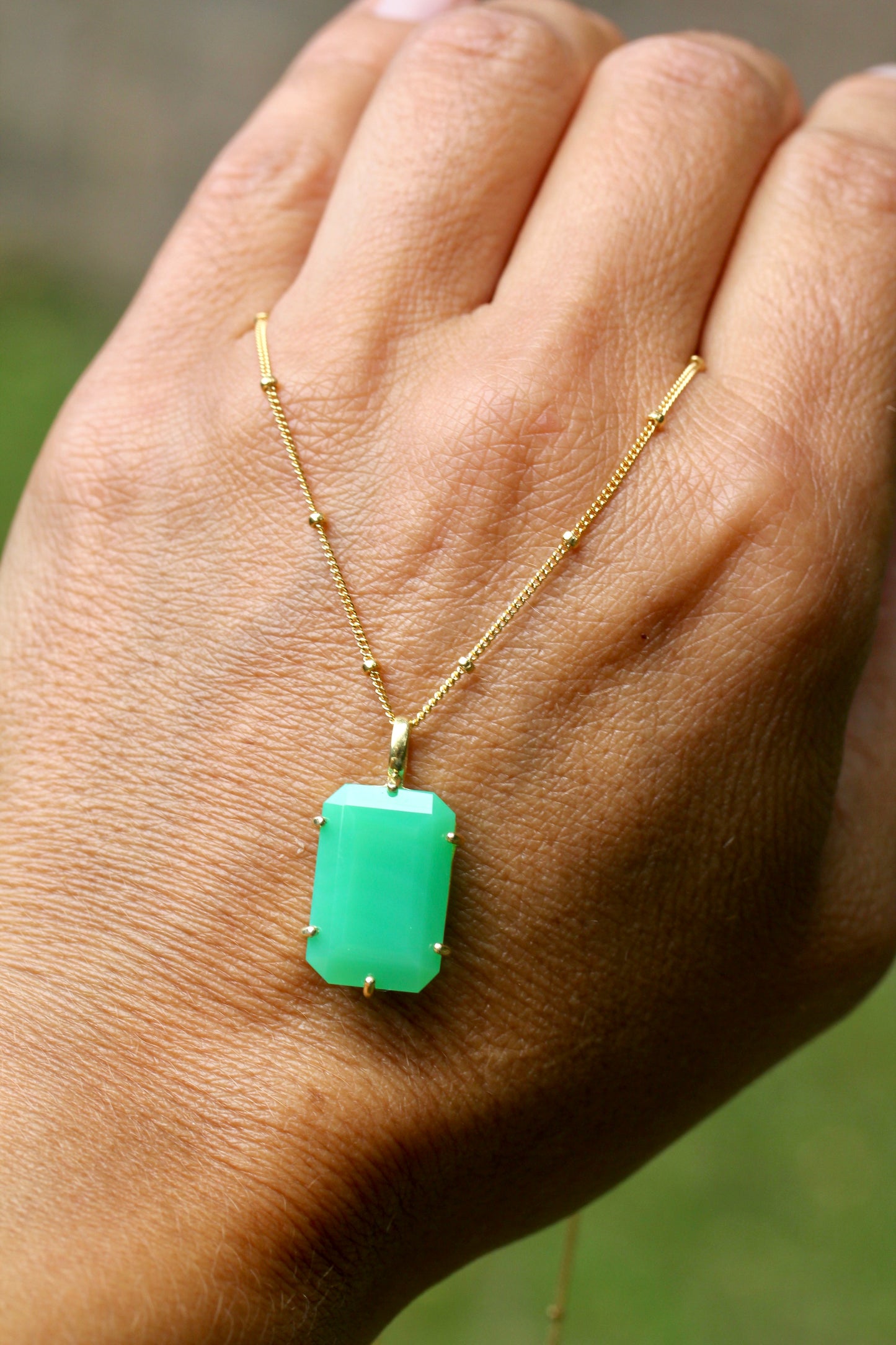 Chrysoprase Emerald Cut Gold Necklace