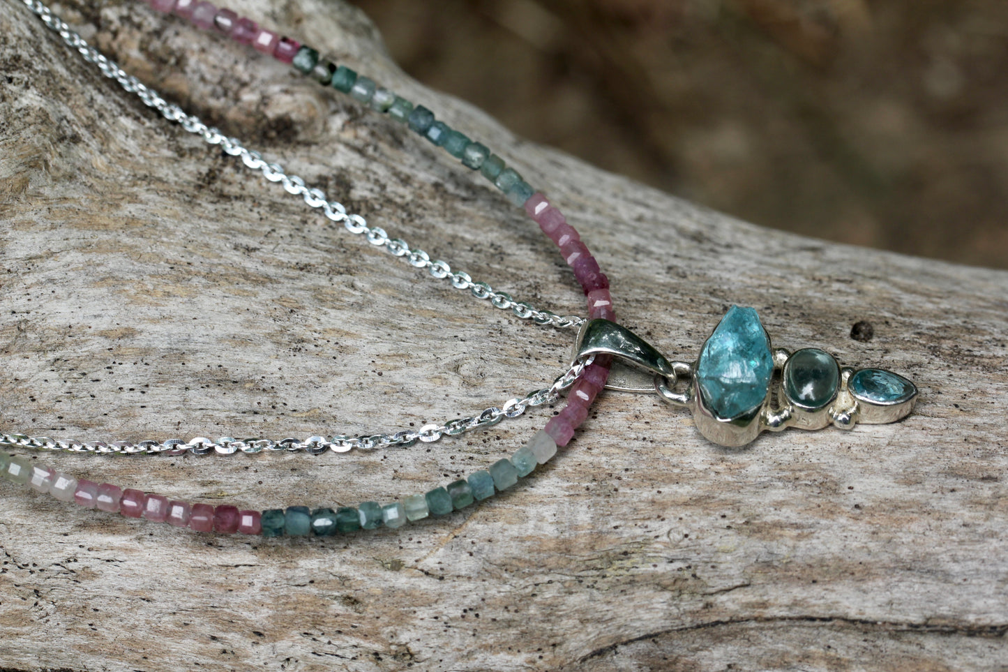 Blue Apatite Tourmaline Multi Strand Necklace