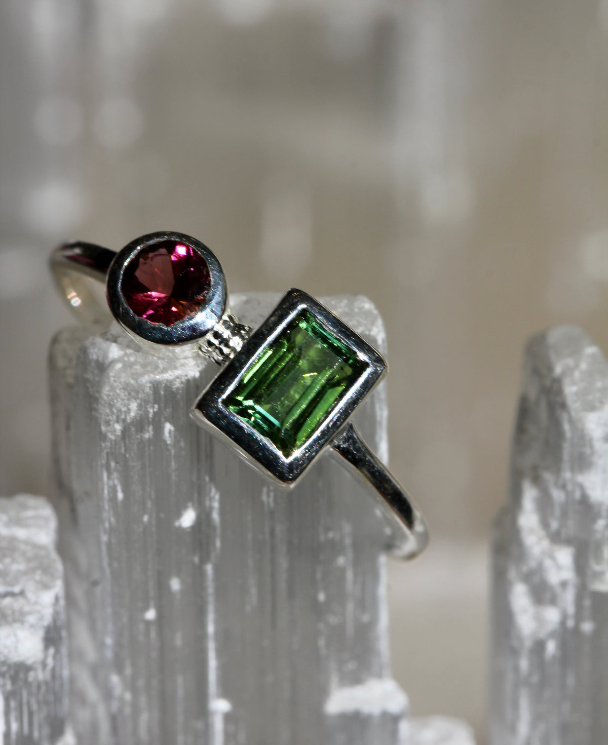 Pink and Green Tourmaline Silver Ring