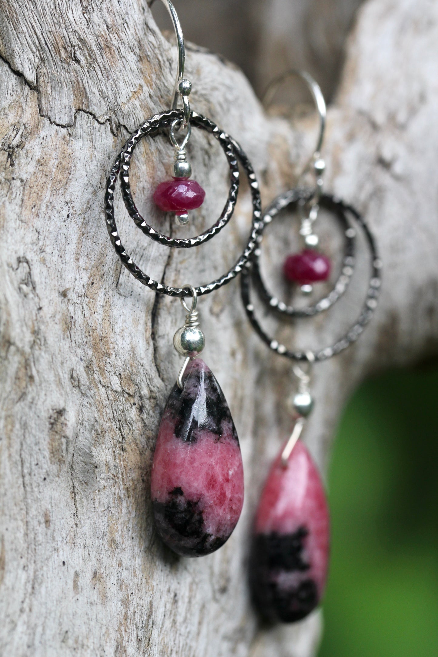 Rhodonite Ruby Oxidized Silver Double Ring Drop Earrings