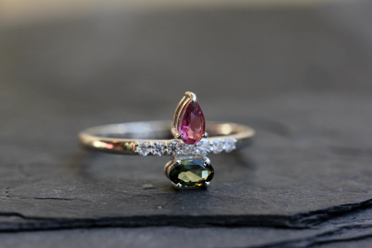 Pink and Green Tourmaline Moissanite Ring