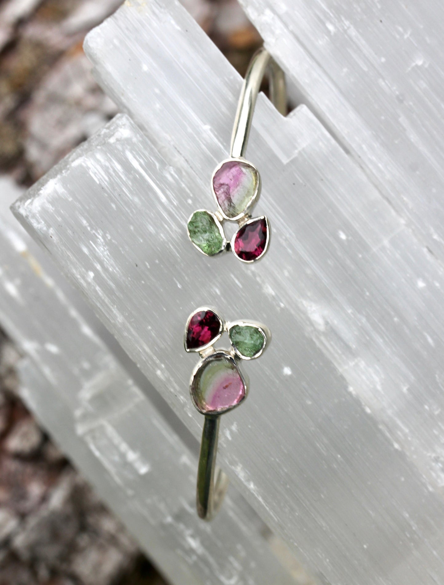 Watermelon Tourmaline Cluster Silver Bracelet