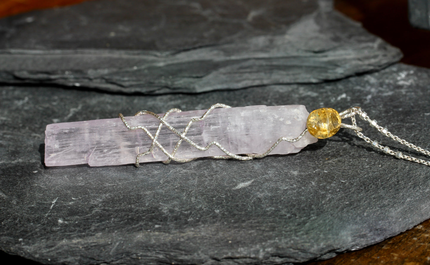Long Kunzite Crystal Citrine Pendant