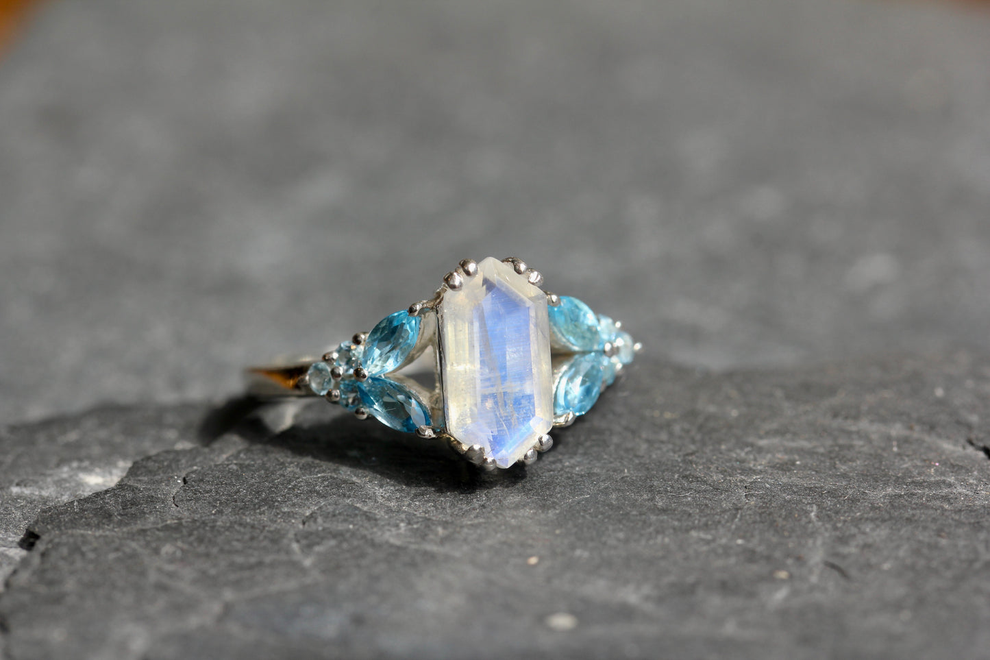 Rainbow Moonstone Blue Topaz Fairy Tale Ring