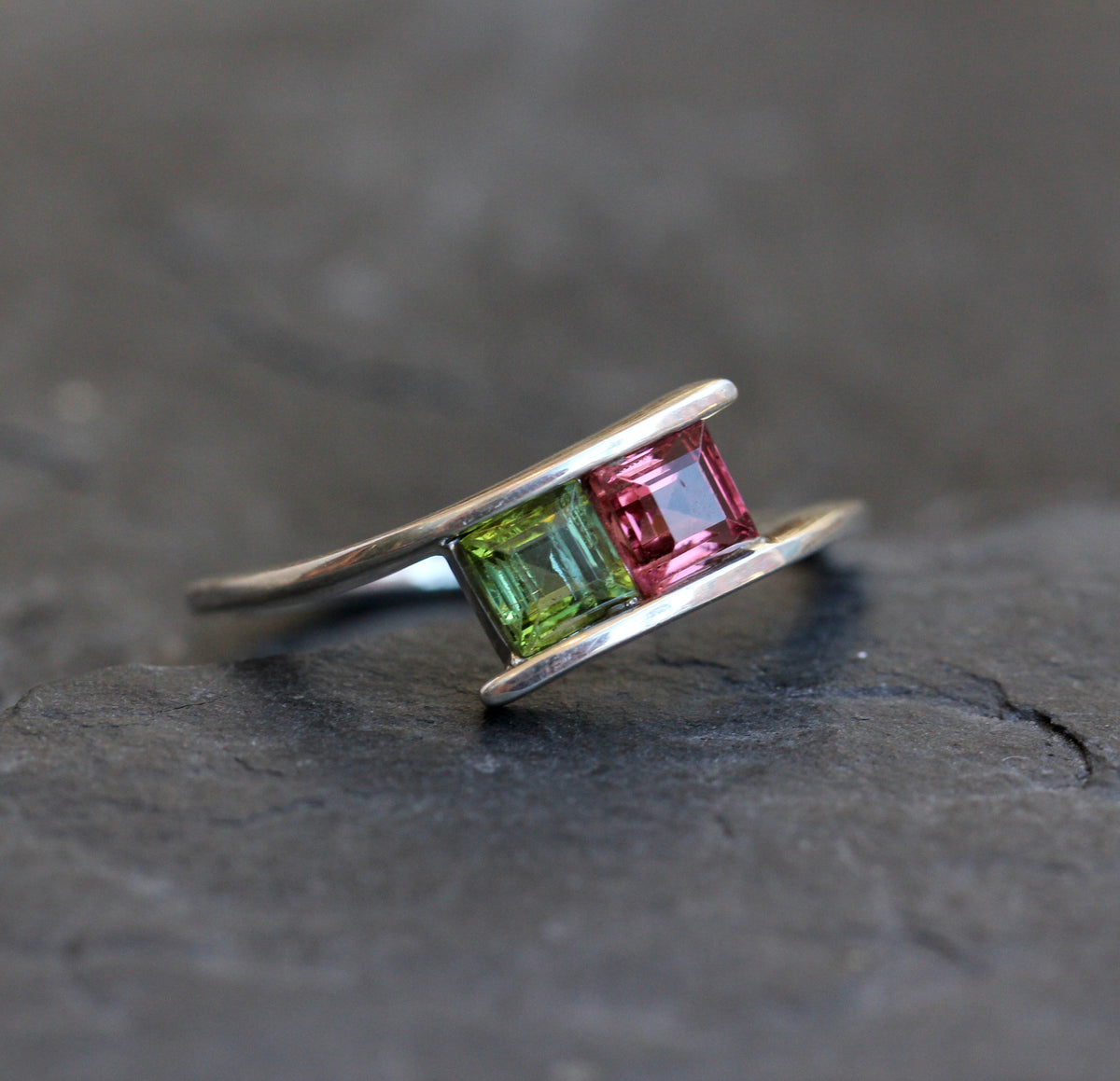 Pink and Green Tourmaline Princess Cut Ring