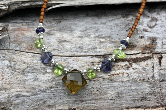 Beer Quartz Peridot Iolite Beaded Necklace