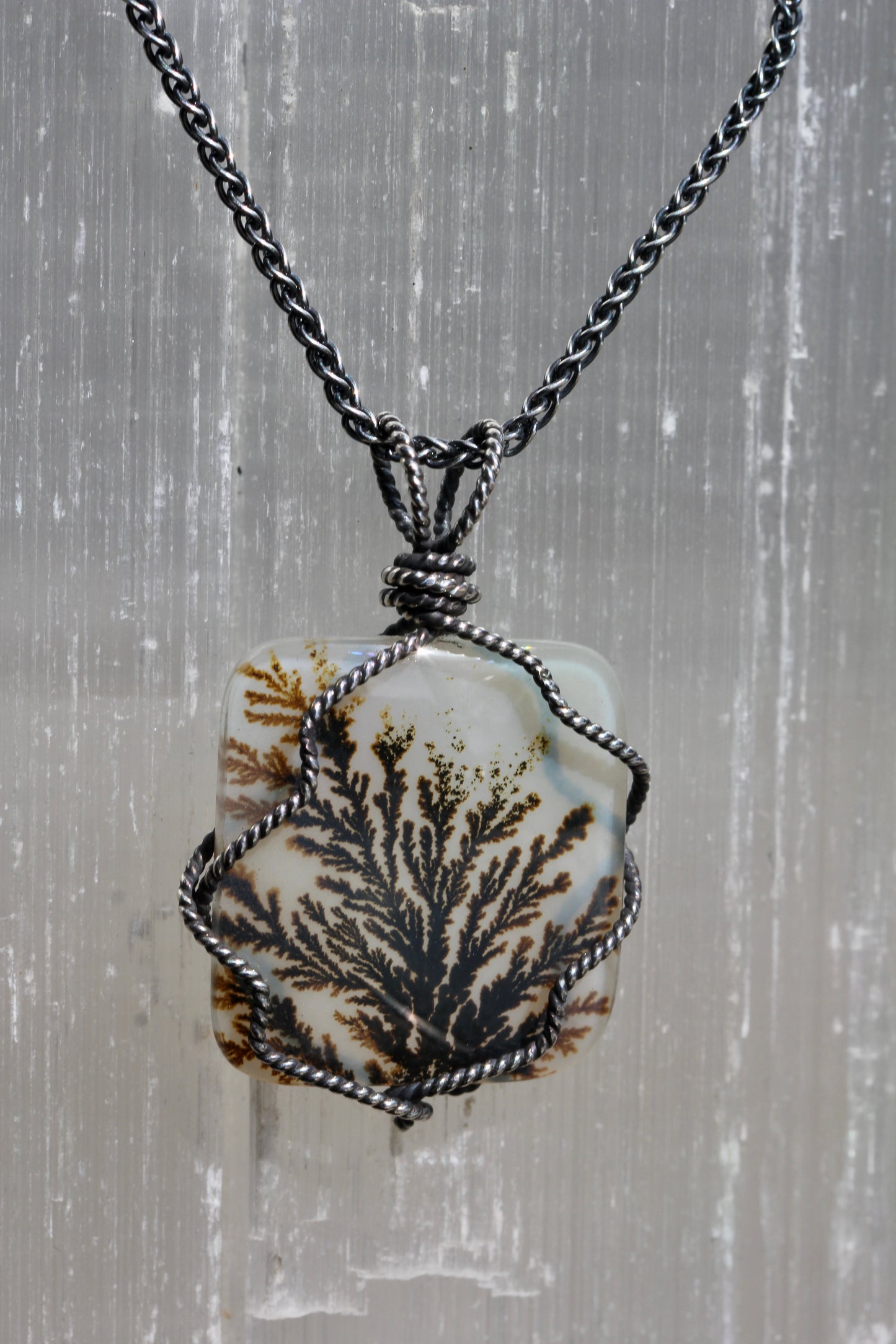 Dendritic Agate Silver Wrap Necklace