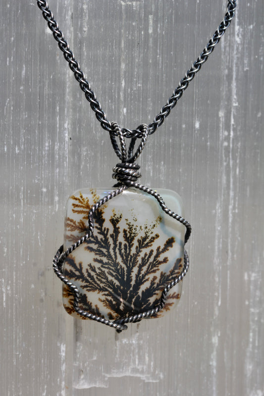 Dendritic Agate Silver Wrap Necklace