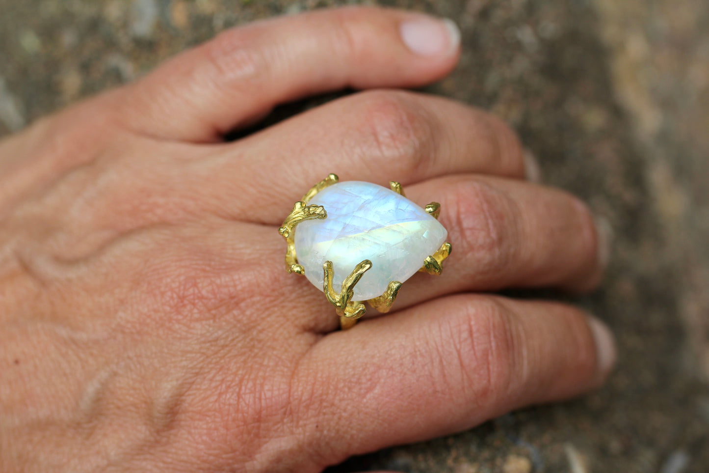 Rainbow Moonstone Branch Ring