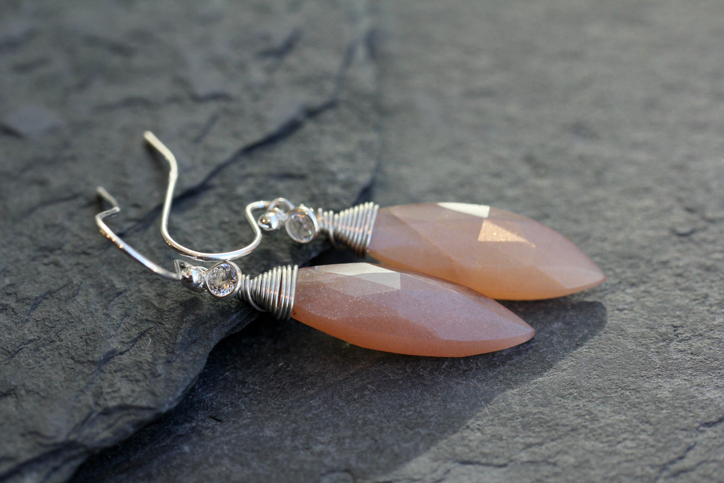 Peach Moonstone Marquis CZ Drop Earrings