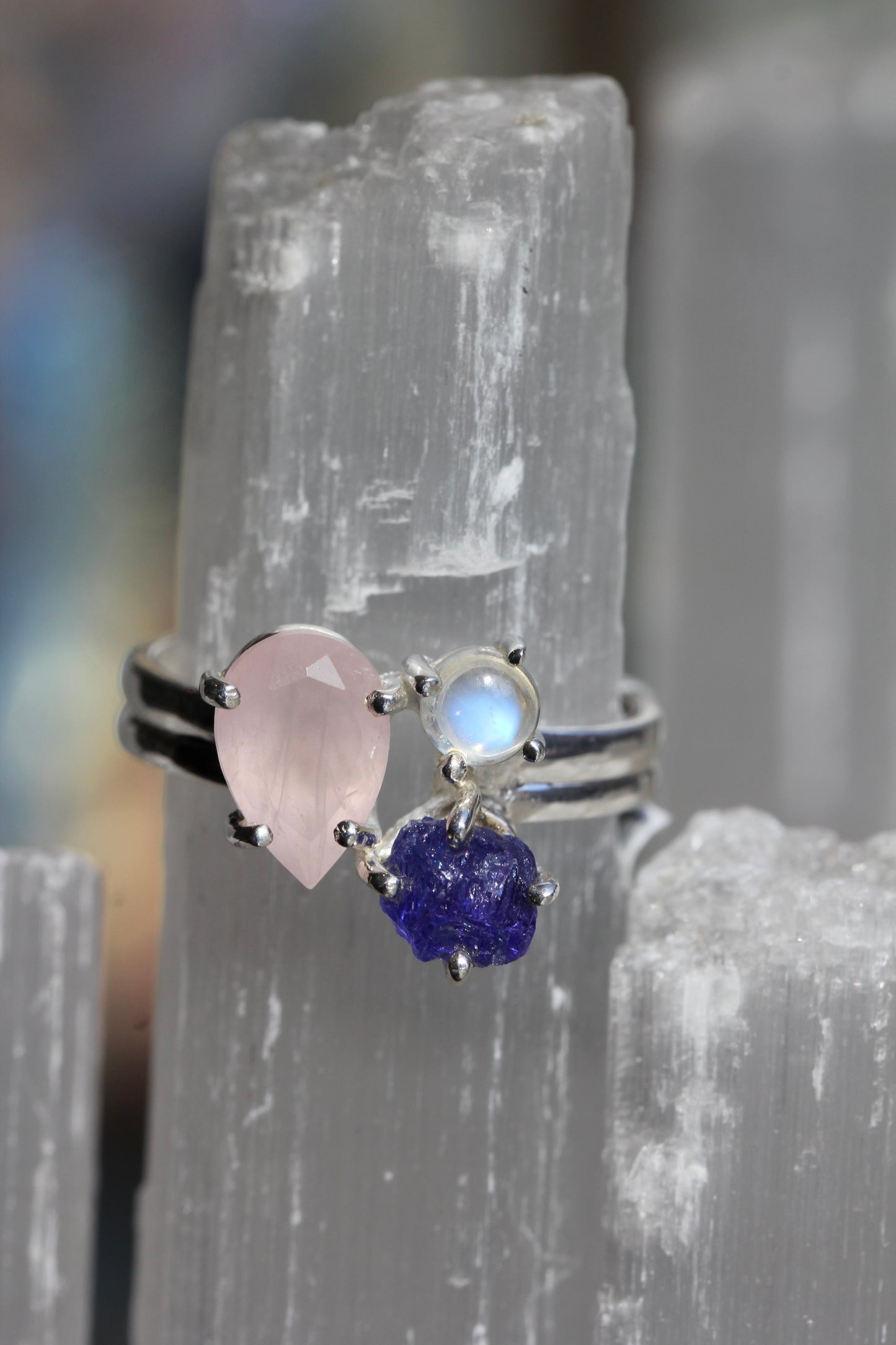 Rose Quartz Tanzanite Rainbow Moonstone Ring