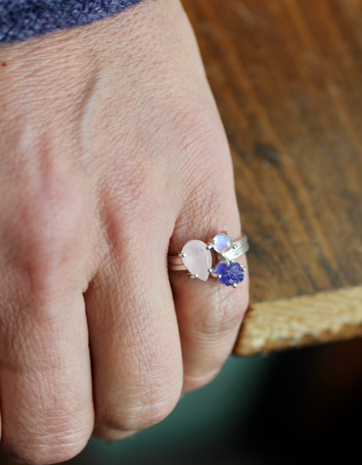 Rose Quartz Tanzanite Rainbow Moonstone Ring
