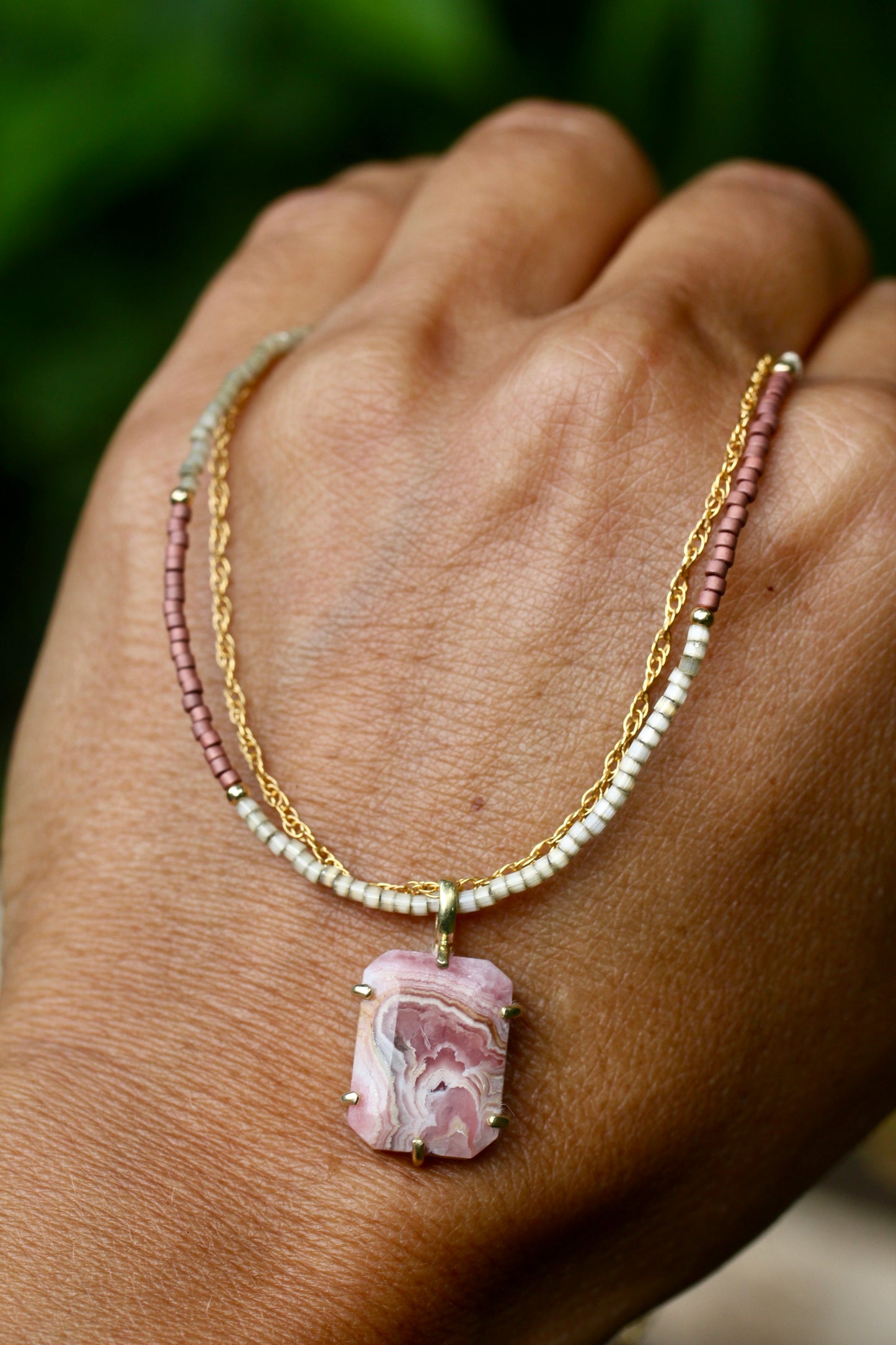 Rhodochrosite Delica Glass Bead Multi Strand Necklace
