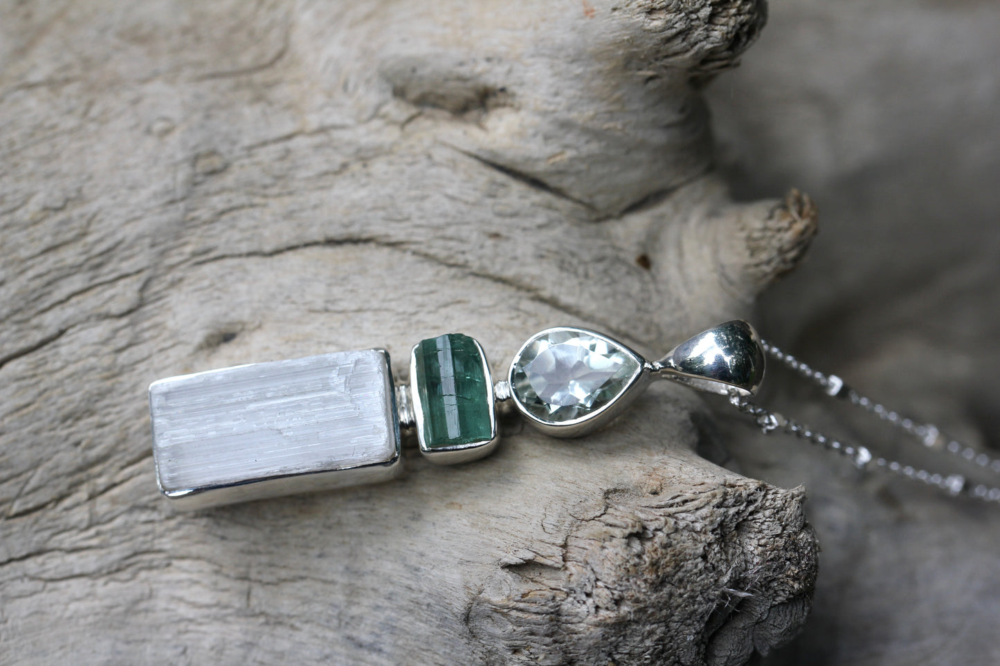 Selenite Tourmaline Prasiolite Necklace