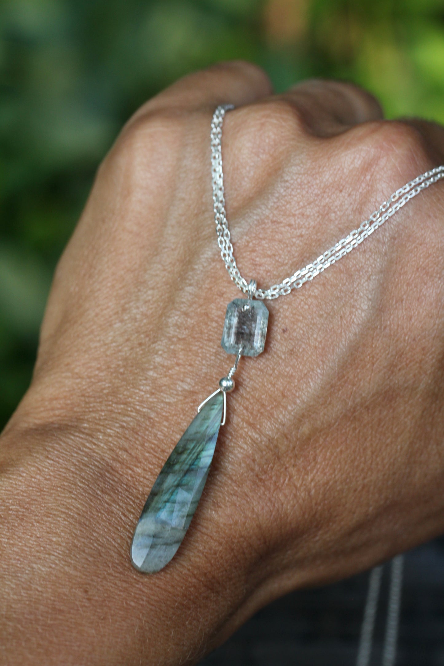 Labradorite Aquamarine Long Drop Necklace