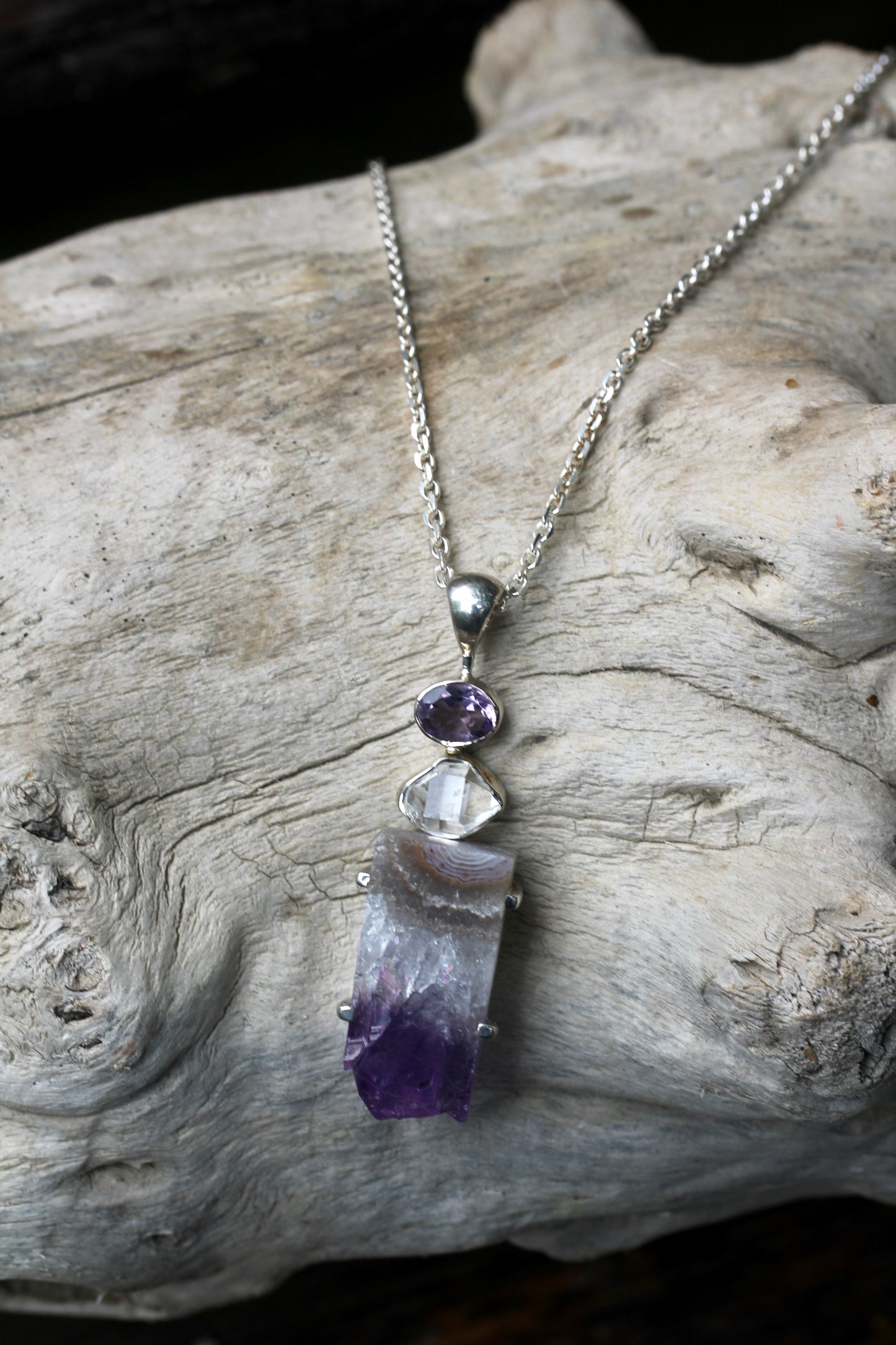 Amethyst Slice Herkimer Diamond Pendant