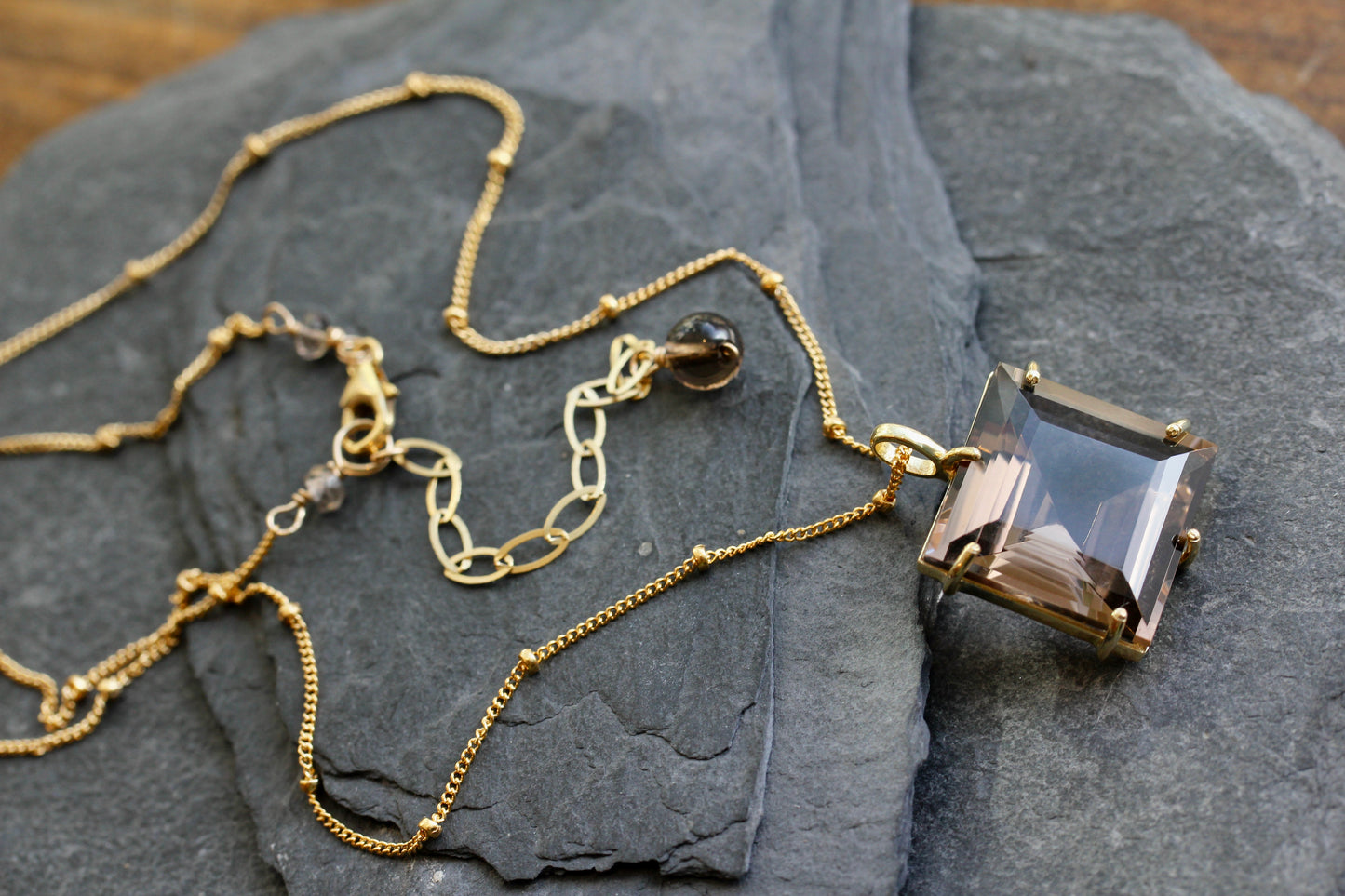 Smokey Quartz Princess Cut Gold Necklace